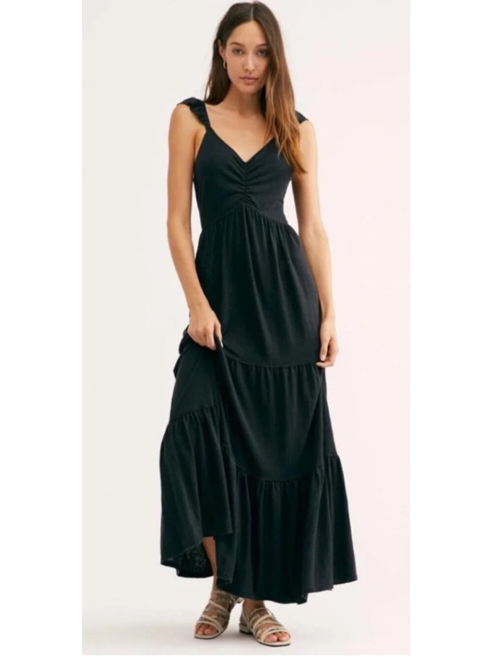 Free People Beach Langley Black Ruffle Shoulder Maxi Dress Linen Blend Medium